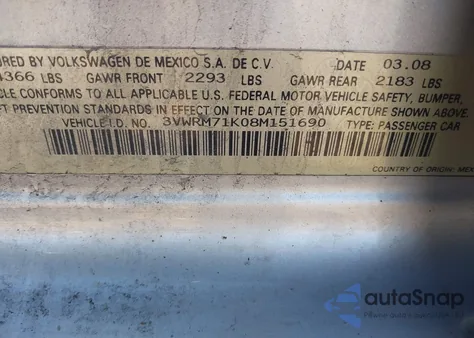 2008 Volkswagen Jetta Se from USA, damaged, VIN 3VWRM71K08M151690